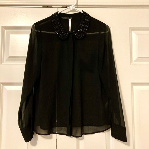 Kensie Sheer Black Long Sleeved Beaded Blouse - Picture 2 of 3